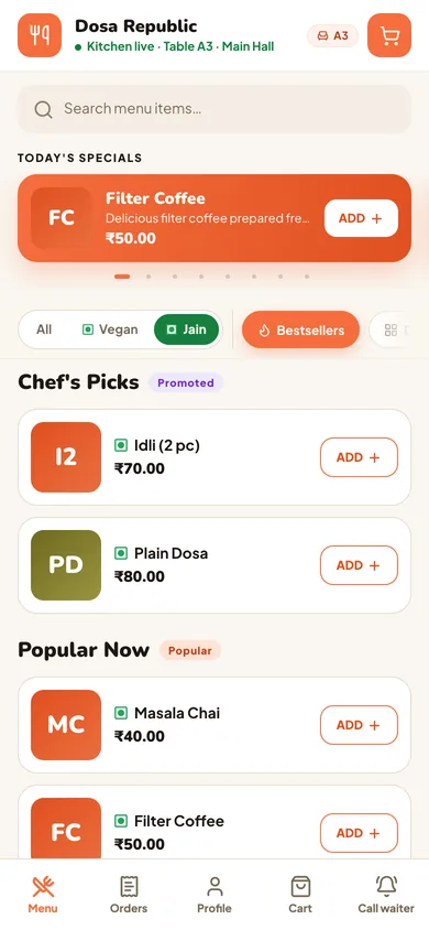 Diner menu on a phone with the Jain filter on. Each dish shows a veg mark, a price and an Add button.