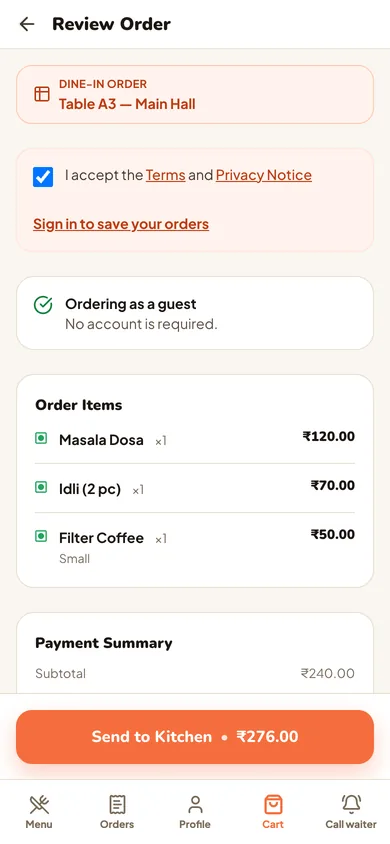 Review Order screen on a phone: dine-in order for Table A3, three dishes with prices and a Send to Kitchen button showing the total.