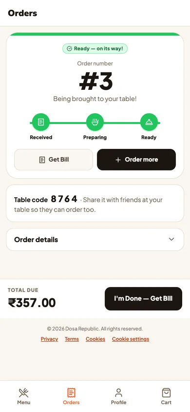 Order tracker on a phone: order number 3 is Ready and on its way, with Order more and Get Bill buttons.