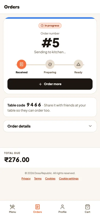 Order tracker on a phone showing order number 5 at Received, with Received, Preparing and Ready steps and a table code.