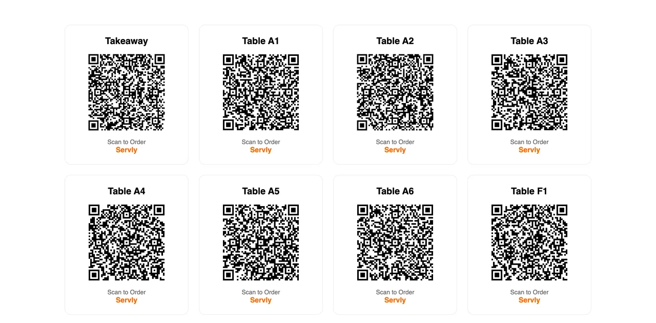 Print sheet with one QR card per table, plus a Takeaway QR.