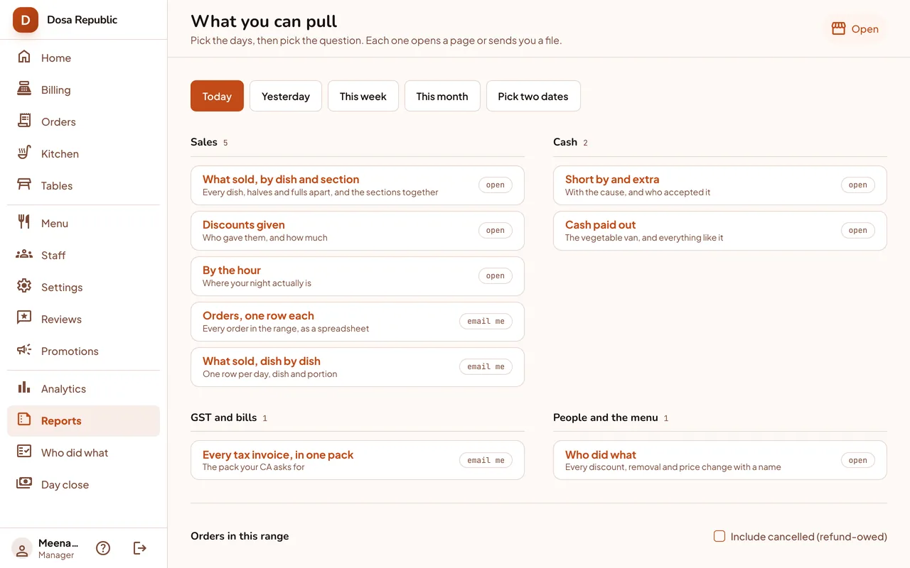Reports page listing sales, cash, GST and staff reports, each opened on screen or sent by email as a spreadsheet.